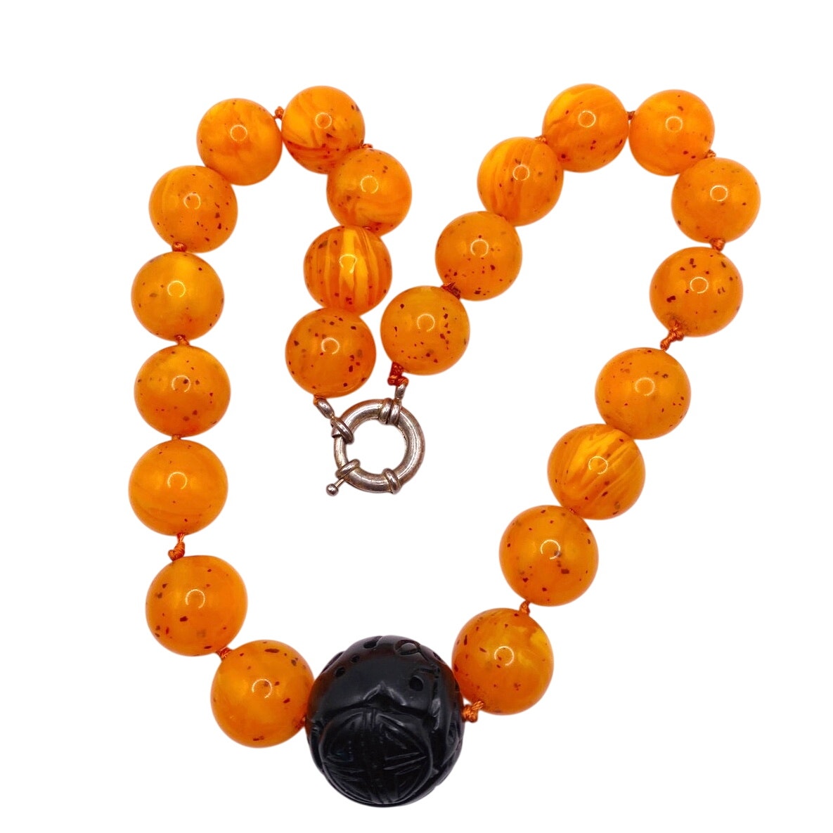 Vtg Orange Lucite and Black Carved Bakelite Necklace St Silver Closure