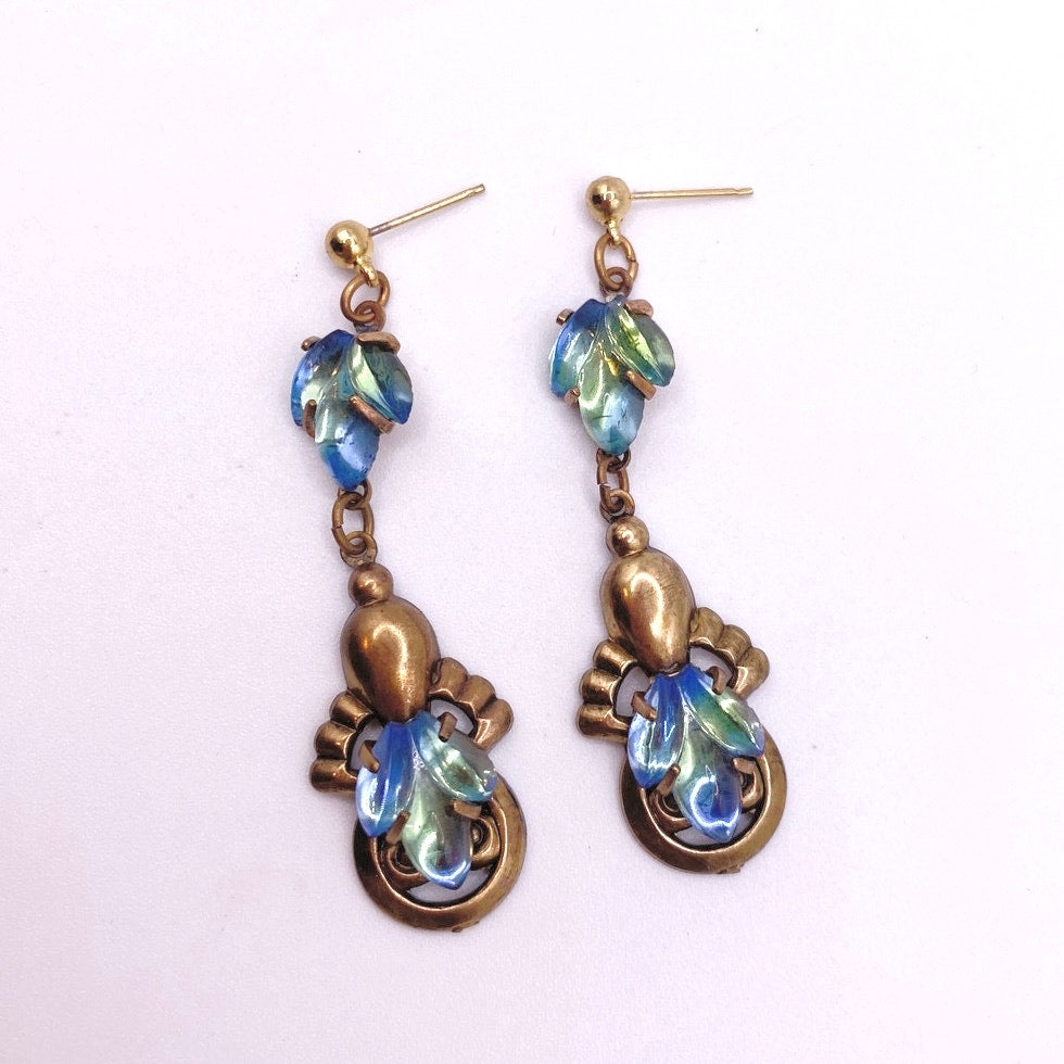 Vintage Dangling Brass Filigree Earrings Blue Green Mermaid Glass Stones