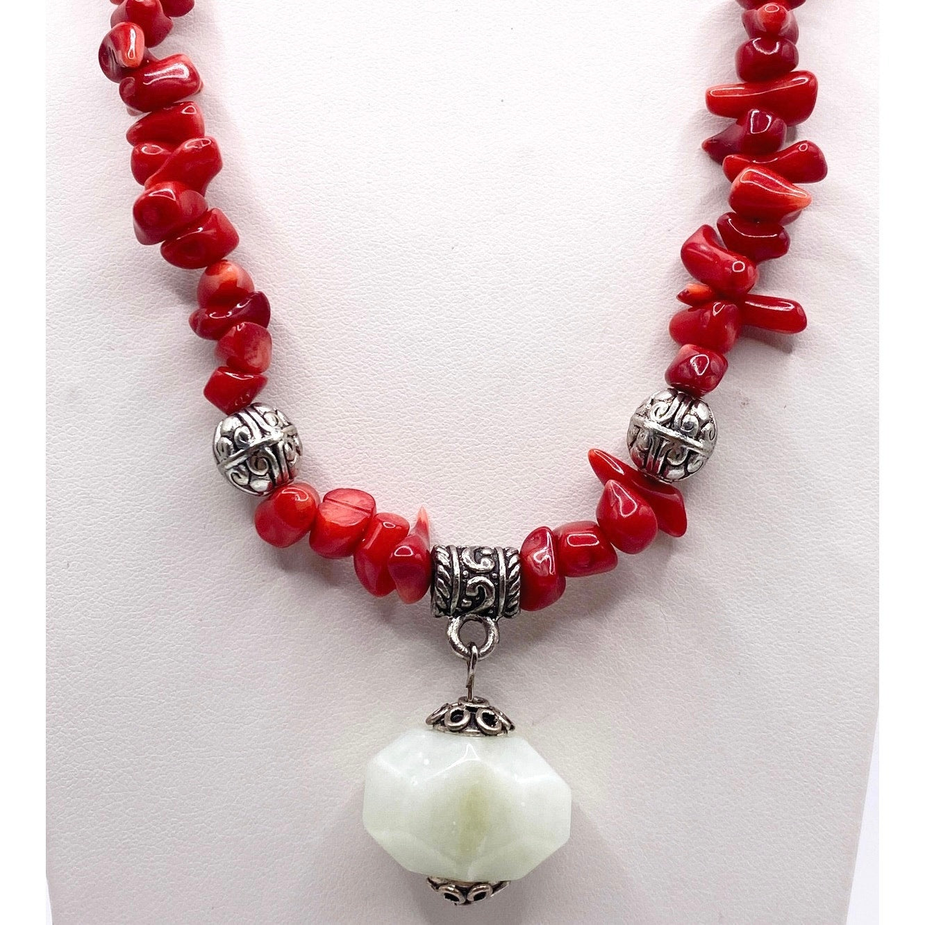 Red Coral Beaded Necklace with Green Lace Jade Pendant 16” Long