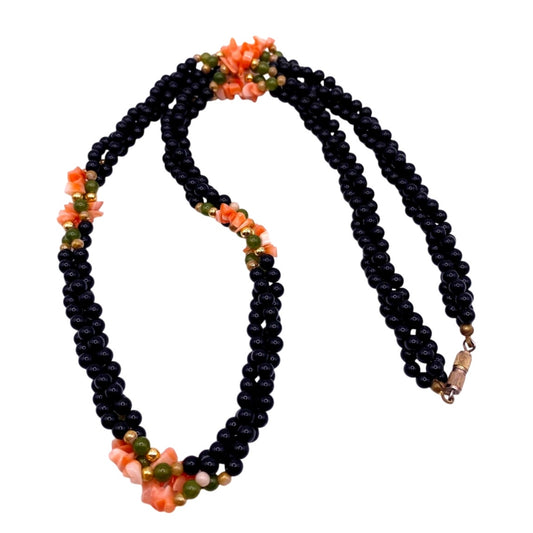 Vtg Three Strands Necklace with Onyx And coral Beads