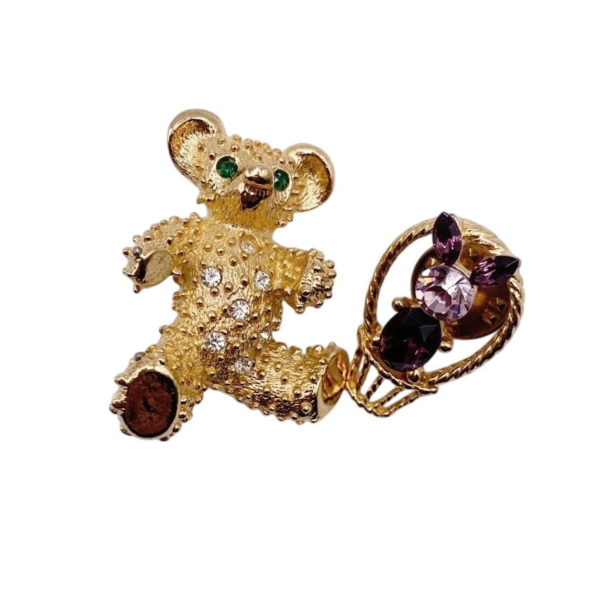 Two Vintage Rhinestones Brooches Bear and Bunny Gold Tone