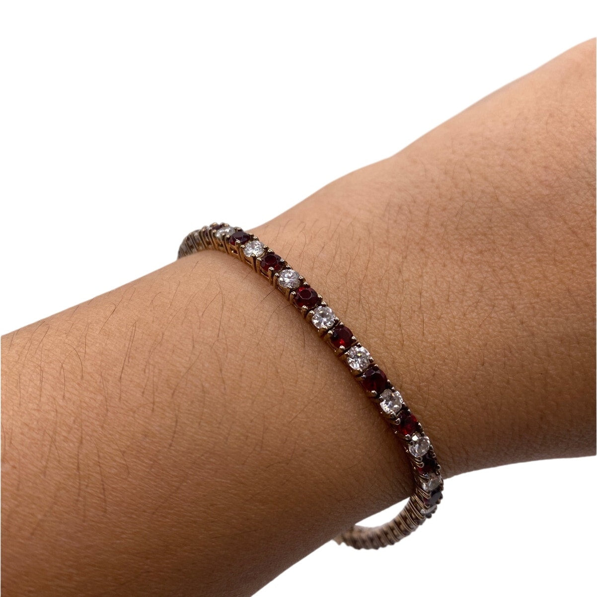 Vintage Sterling Silver Gold Vermeil 925 Bracelet Red and White CZ 3mm Size 7”