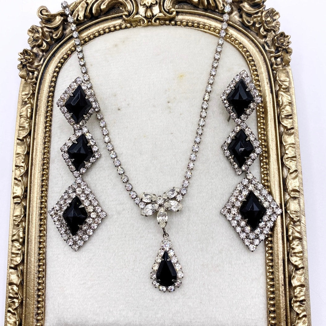 Vintage Black and White Rhinestones Clip on Earrings and Necklace