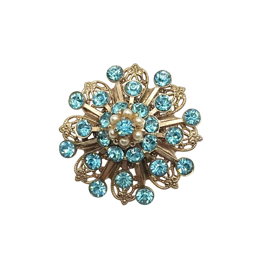 Vintage Filigree Blue Rhinestones Flower Brooch 1”