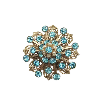 Vintage Filigree Blue Rhinestones Flower Brooch 1”
