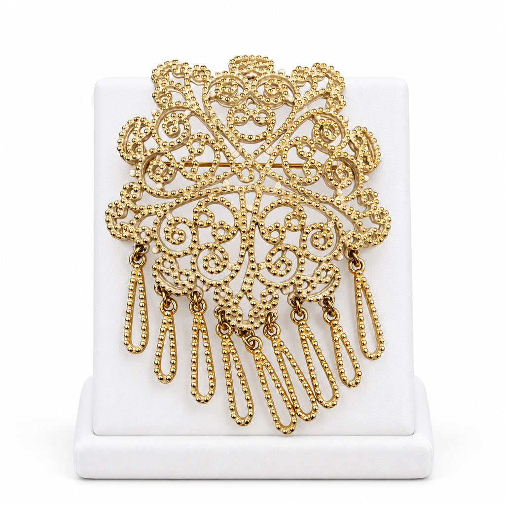 Large White and Gold Tone Filigree Brooch and Pendant with Dangling Charms 2.5”