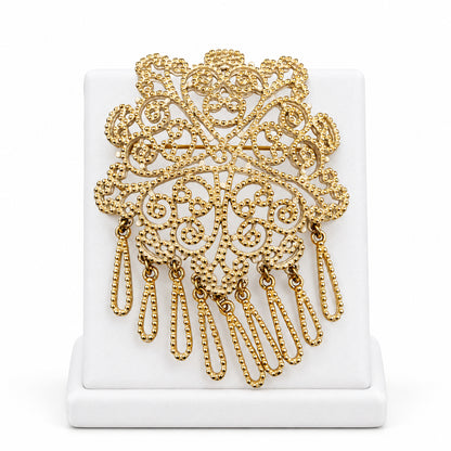Large White and Gold Tone Filigree Brooch and Pendant with Dangling Charms 2.5”