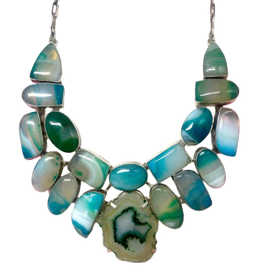 Dyed White Agate Green Tone Sterling Silver Plated Statement Necklace
