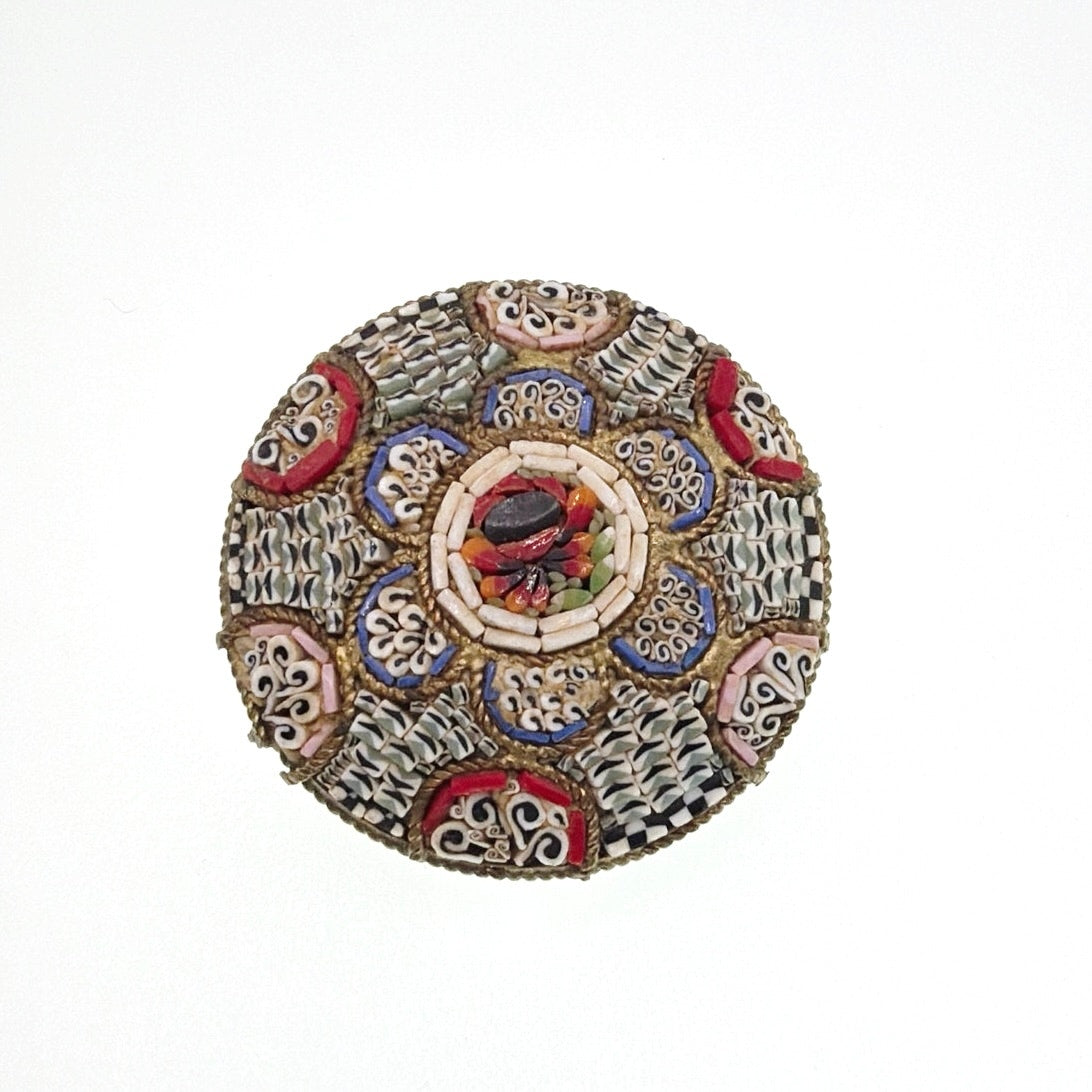 Micro Mosaic Vintage Floral Italian Brooch 1.5” Signed on Brass