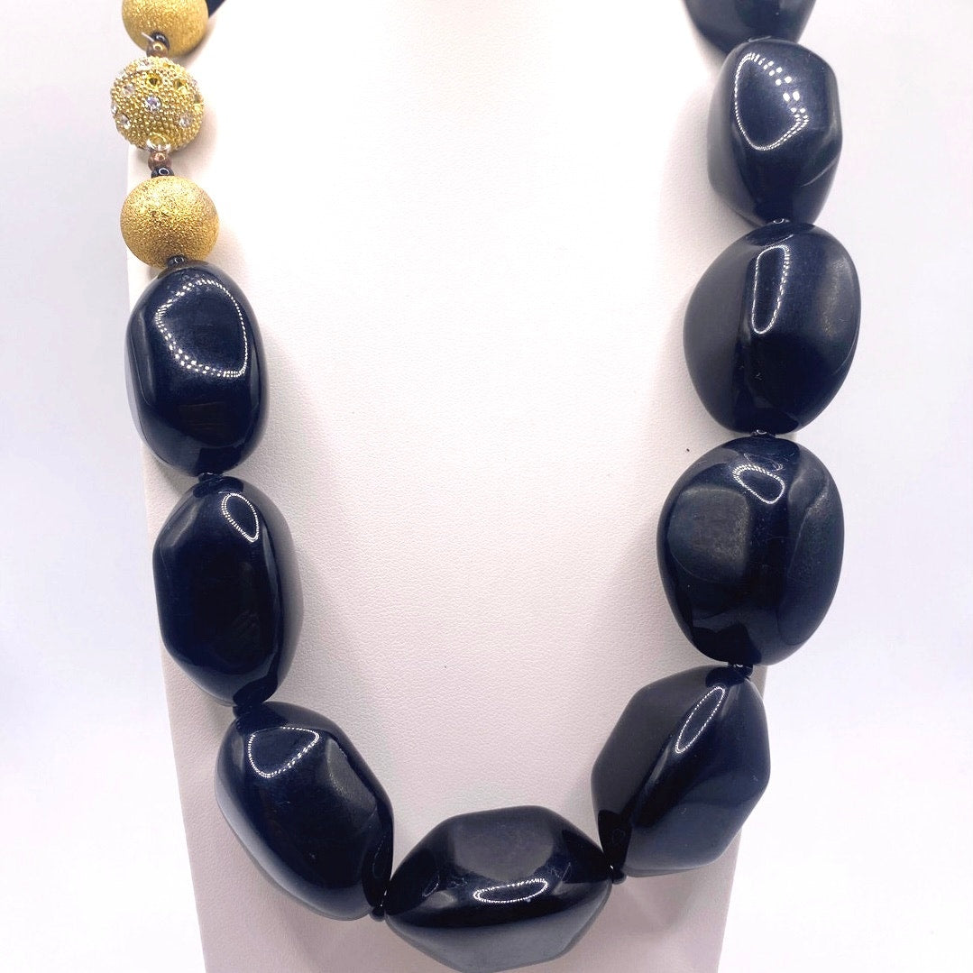 VNTG Black Agate Onyx Big Boho Beads Chunky Necklace 18”