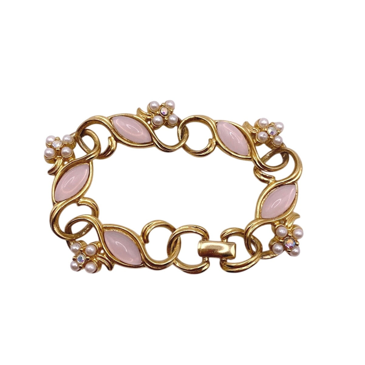 Crown Trifari Vintage Bracelet Pink Lucite Stone and Faux Pearl 7”