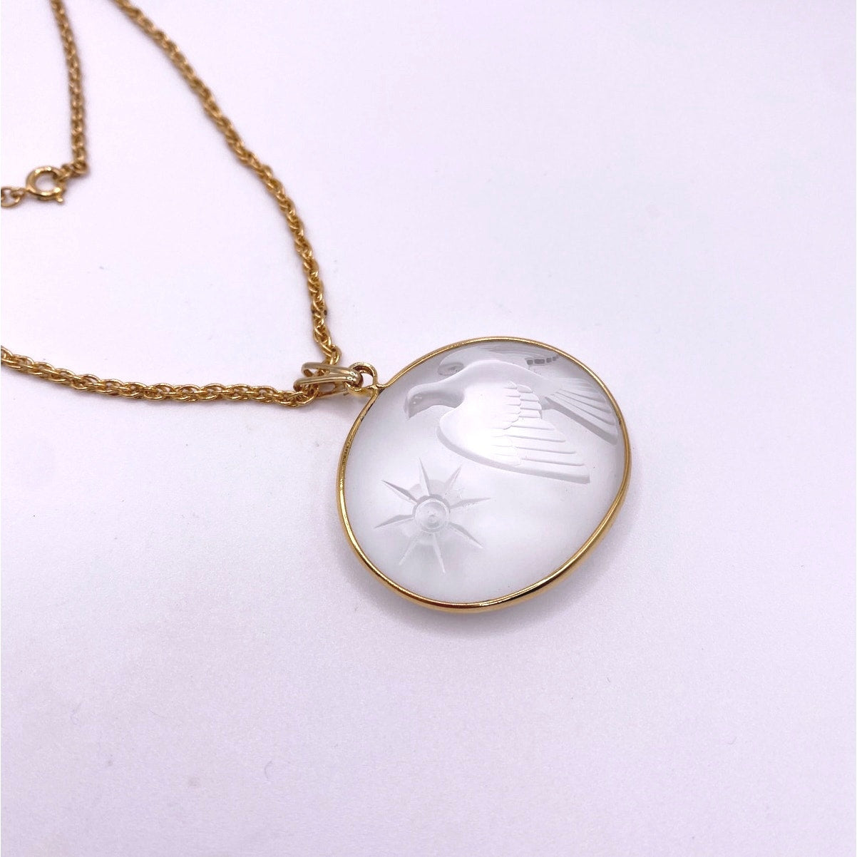 Nina Ricci Lalique Frosted Glass Peace Dove with Star Pendant Necklace Gold Tone