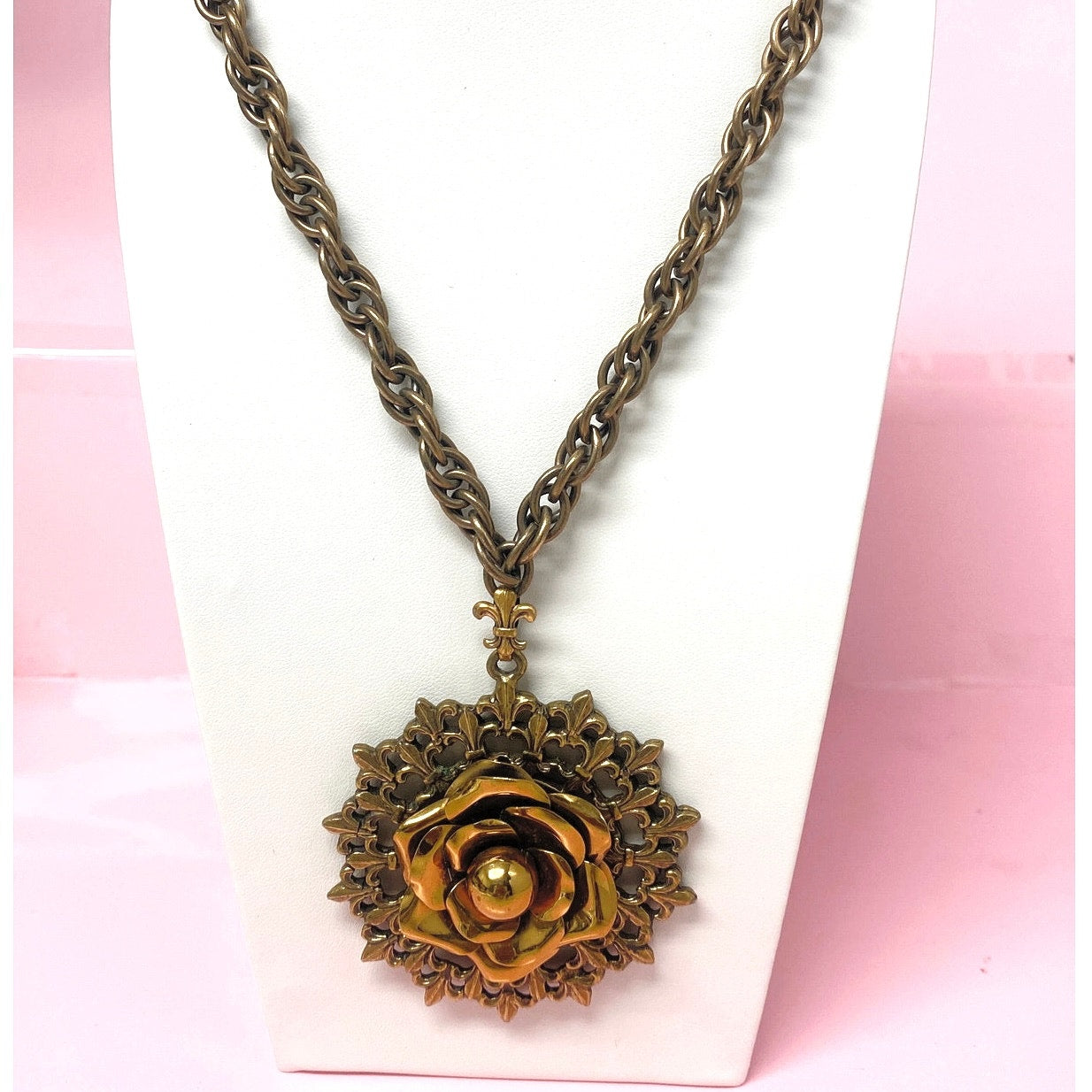 Vtg Germany Rose Pendant Necklace Plated Filigree