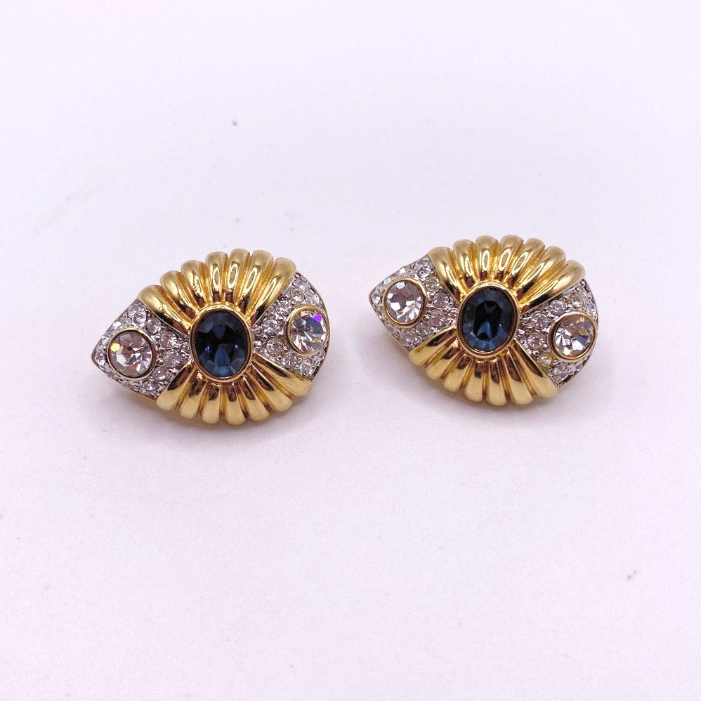 Nolan Miller Vintage Clip On Earrings Gold Tone and Rhinestones White and Blue