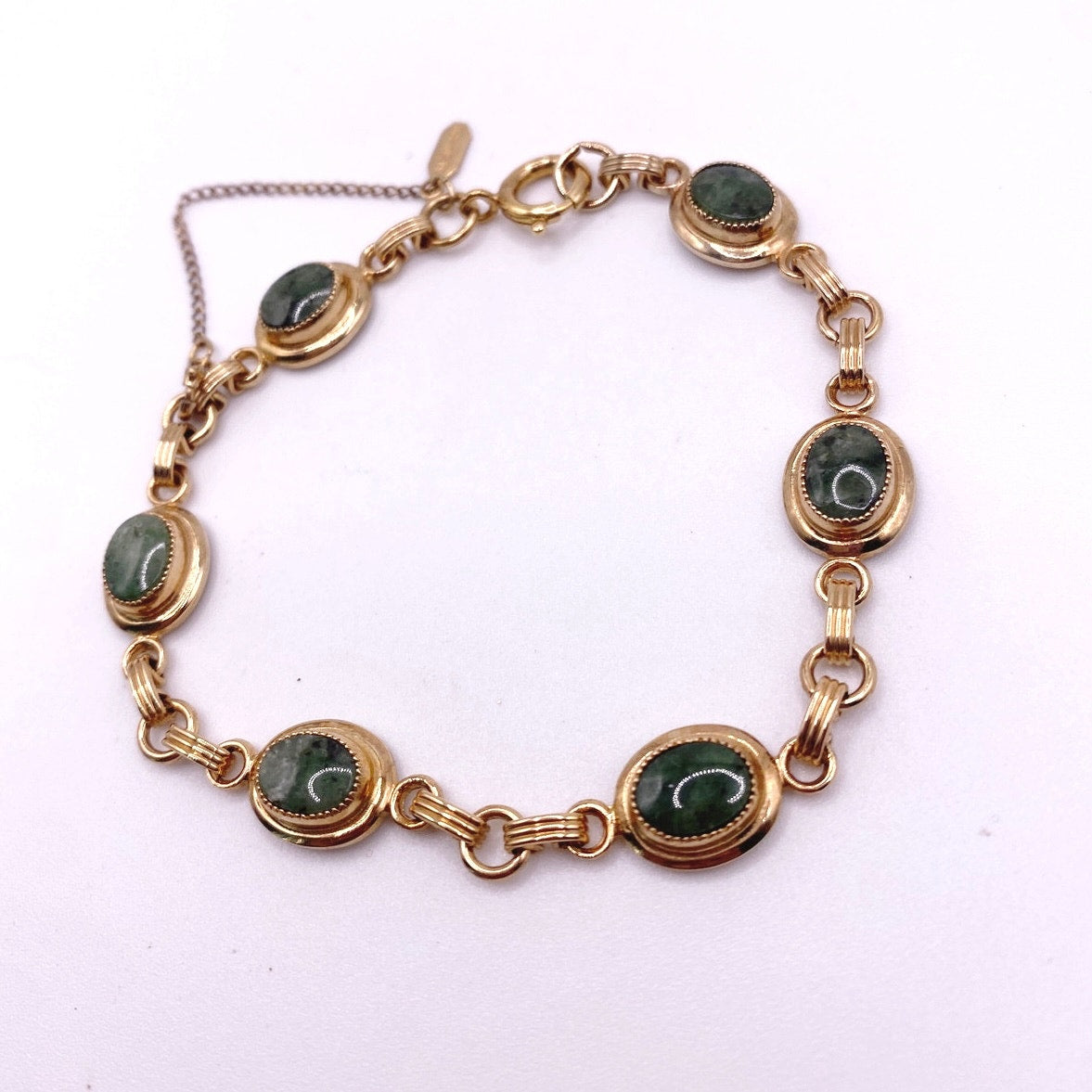 Sarah Coventry Signed 12K GF Bracelet Link with Jade Stones Size 7”