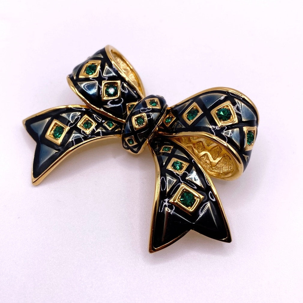 Joan Rivers Vintage Black Bow Brooch with Green Rhinestones