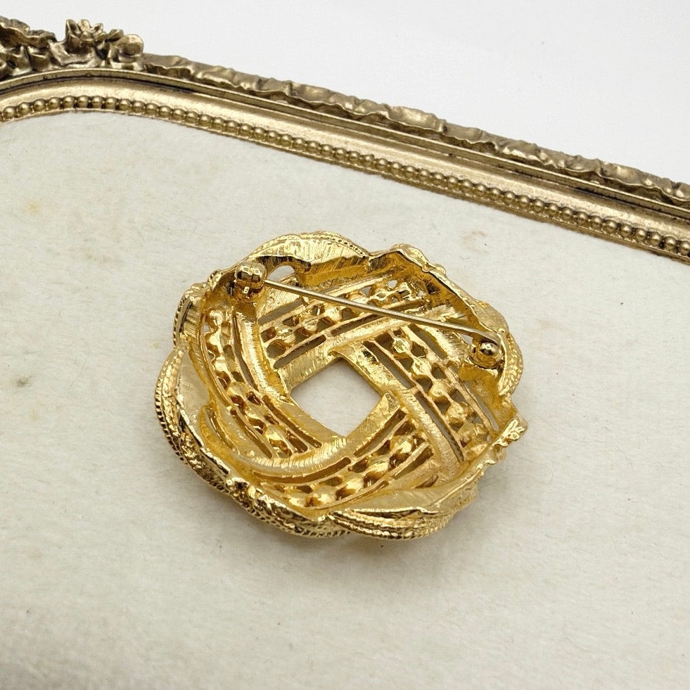 Vintage Brooch Rhinestones knot Gold Tone