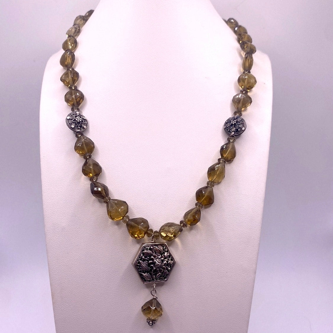 Smoky Quartz Gemstones Necklace with Art Nouveau Floral Beads 15”