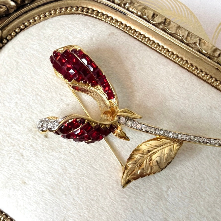 Vintage Flower Square Red Rhinestones Gold Tone 3.5”