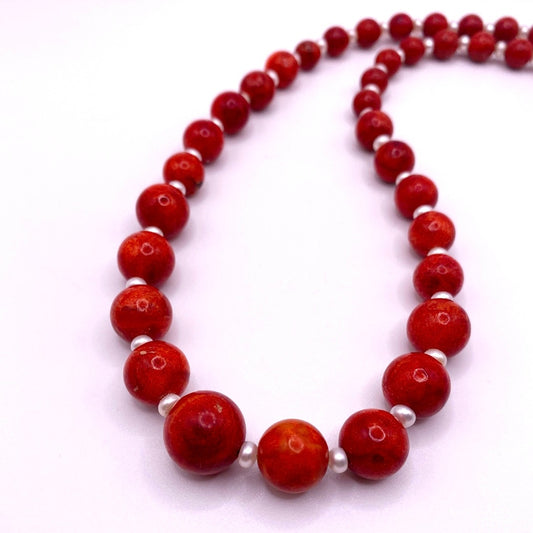 Vtg Red Coral Beads Necklace with Faux Pearls and Sterling Silver Clasp 16”