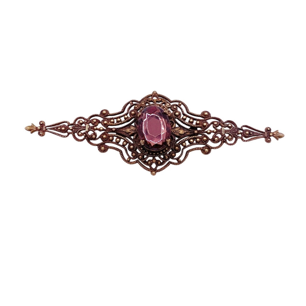 Antique Edwardian Era Brass filigree large 3” Brooch With Purple Glass Rhinestone