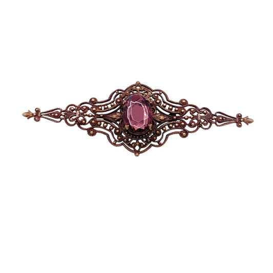 Antique Edwardian Era Brass filigree large 3” Brooch With Purple Glass Rhinestone