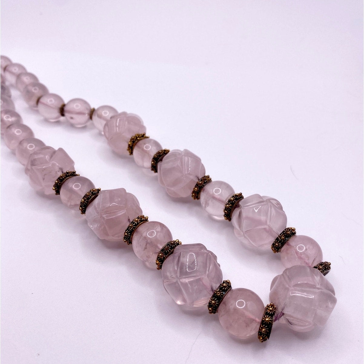 Shou Signed Carved Rose Quartz Vintage Chinese Necklace Vermeil Clasp