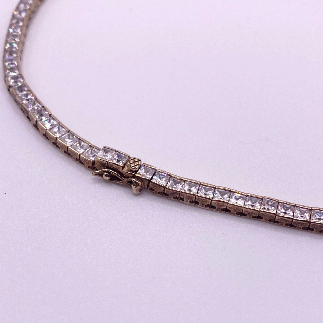 St Silver Square CZ Tenis Necklace Gold Plated 32”
