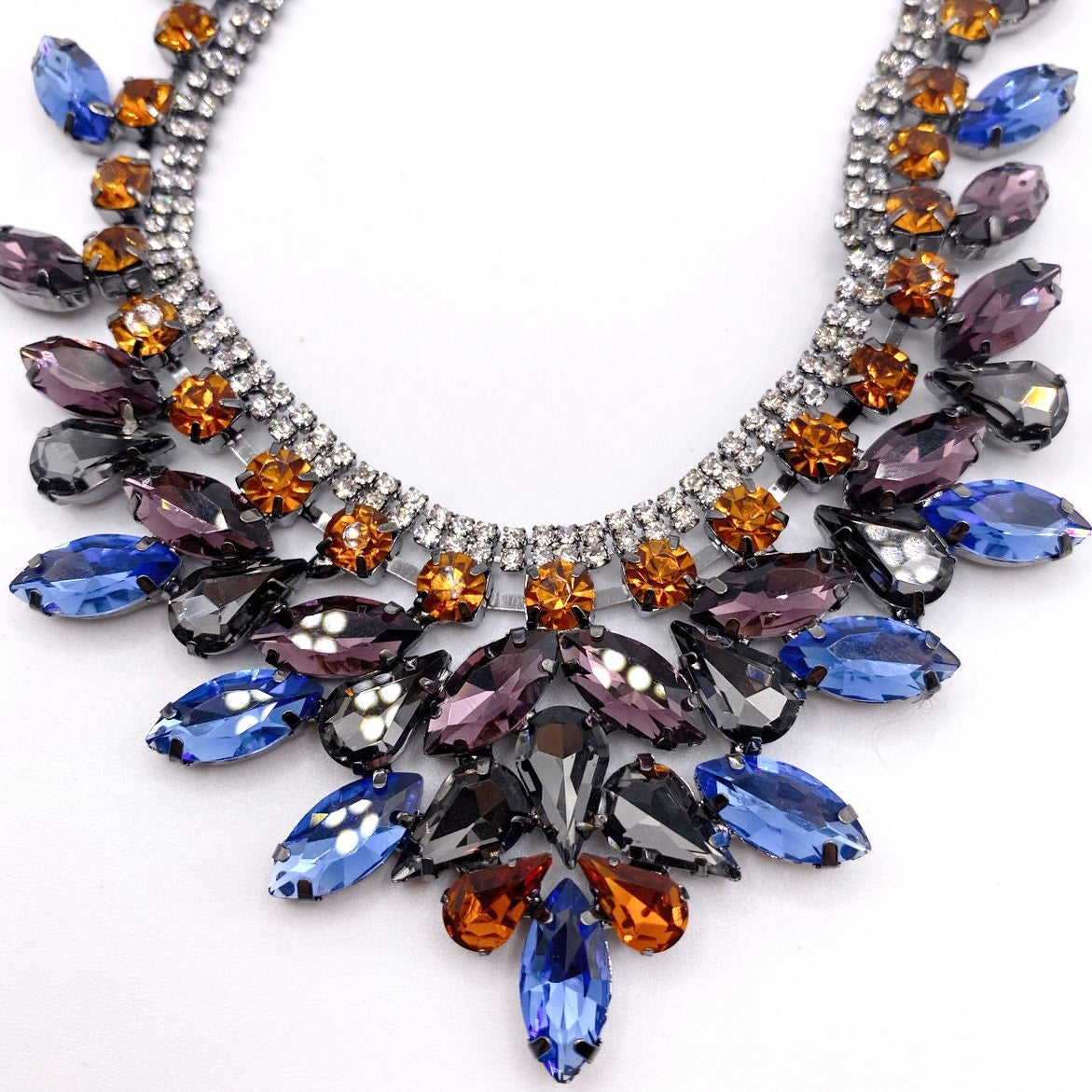 Full Rhinestones Statement Necklace Gunmetal Tone and Blue Orange Purple 18”