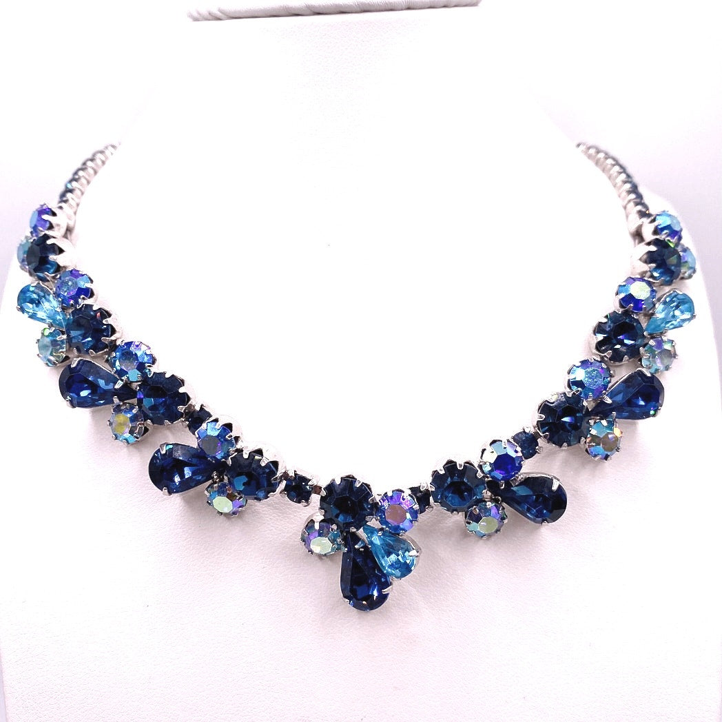 Weiss Stunning Vintage AB Royal Blue Rhinestones Necklace 16”