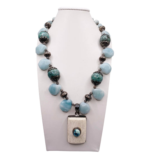 Sterling Silver and Gemstones Necklace, Amazonite, Turquoise and Bone Pendant