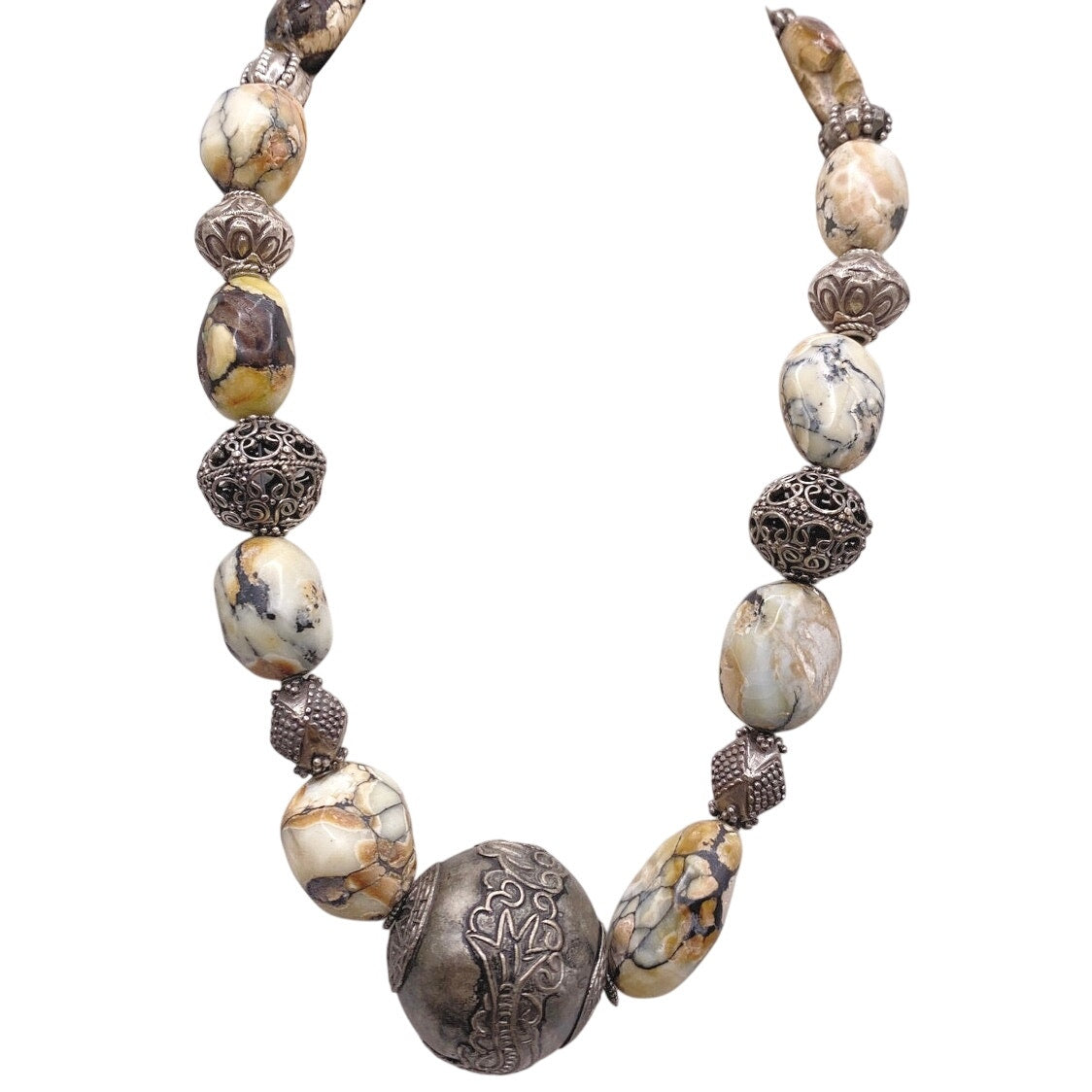 Vintage Jasper Stone Beads And Silver Tone Ornamented Metal Beads Necklace 16”
