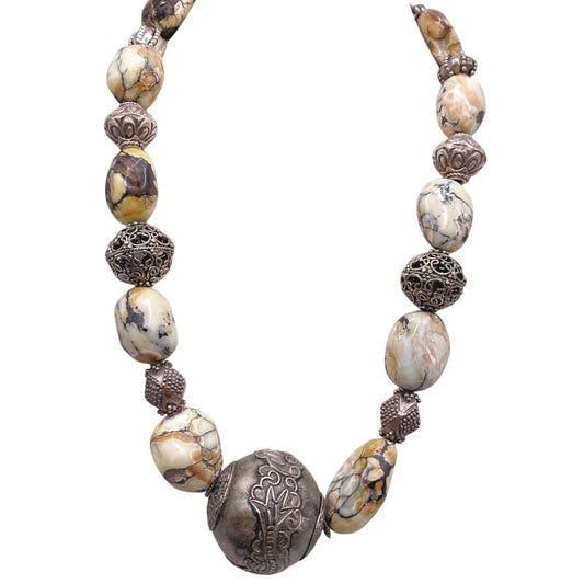 Vintage Jasper Stone Beads And Silver Tone Ornamented Metal Beads Necklace 16”
