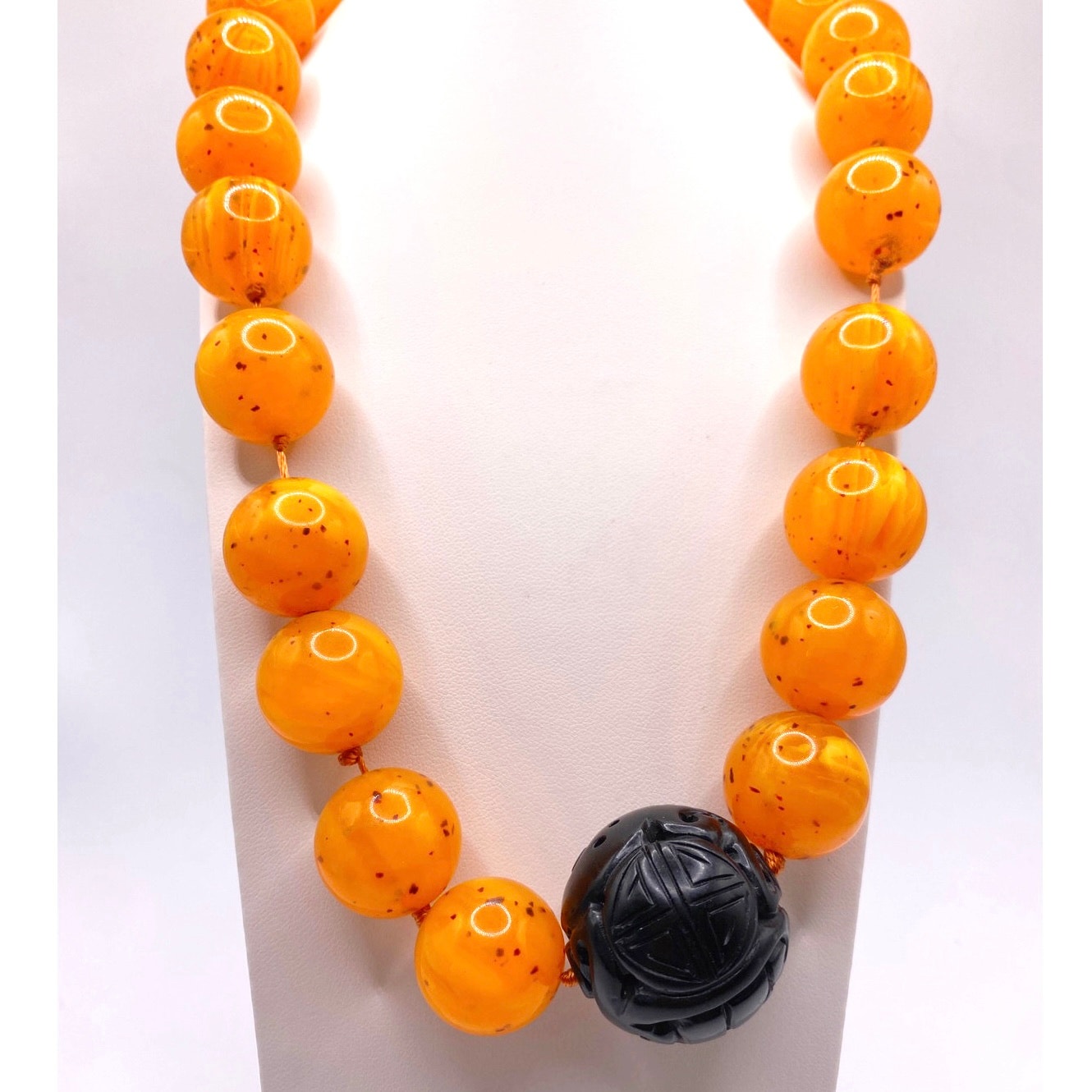 Vtg Orange Lucite and Black Carved Bakelite Necklace St Silver Closure