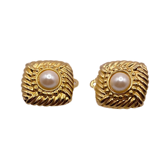 Square Button Faux Pearl Clip On Earrings