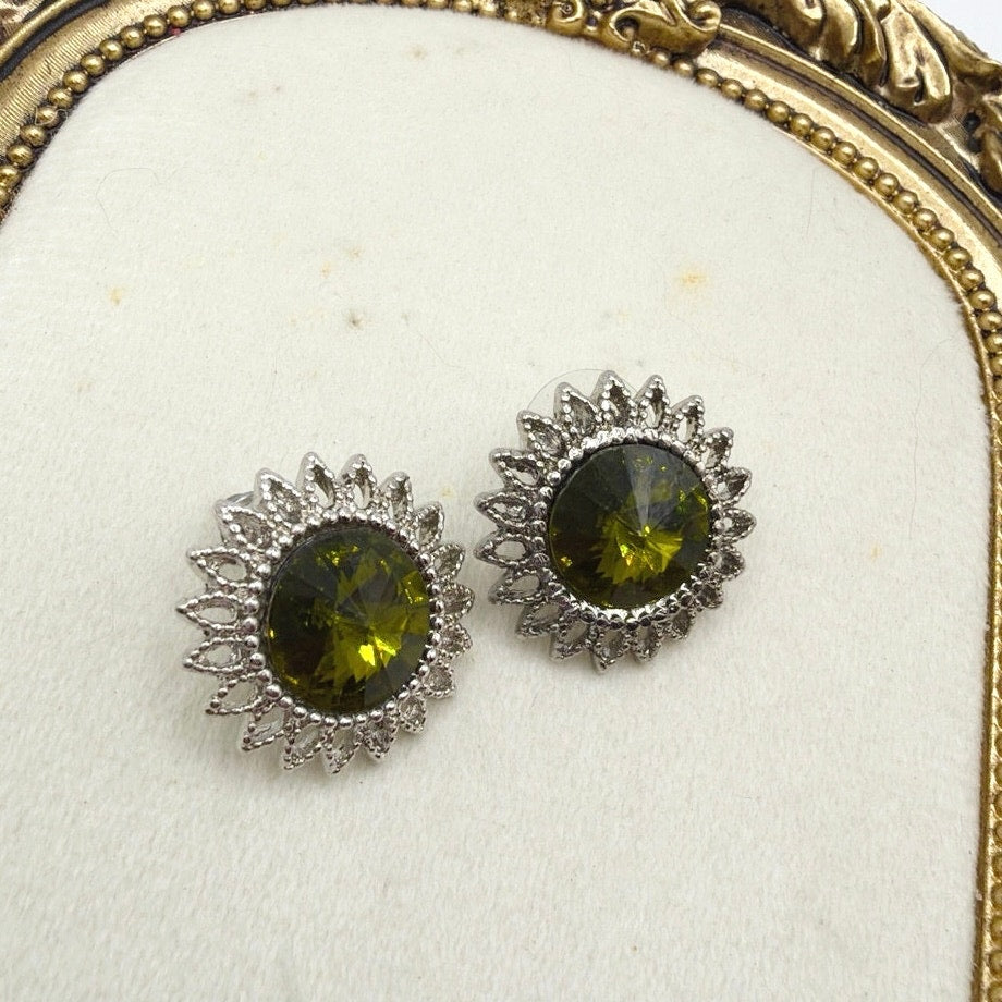 Forest Green Vintage Rivoli Rhinestone Stud Earrings Silver Tone