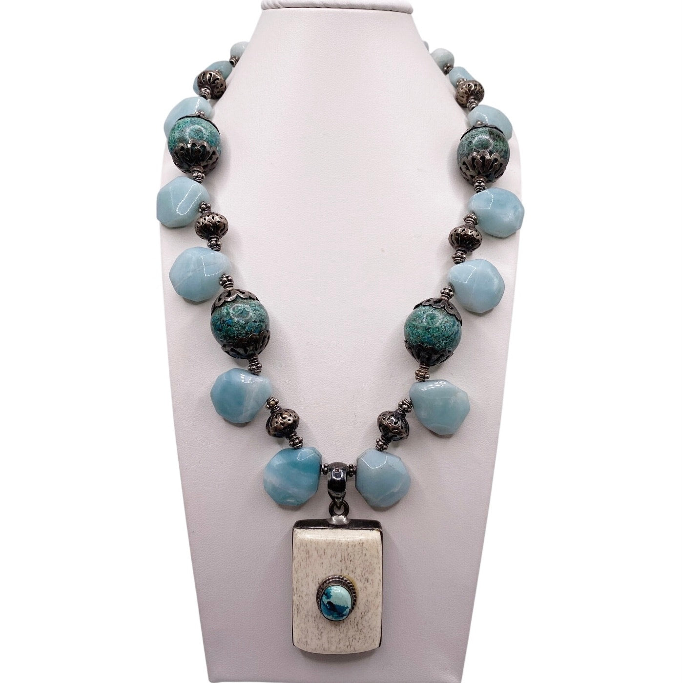 Sterling Silver and Gemstones Necklace, Amazonite, Turquoise and Bone Pendant