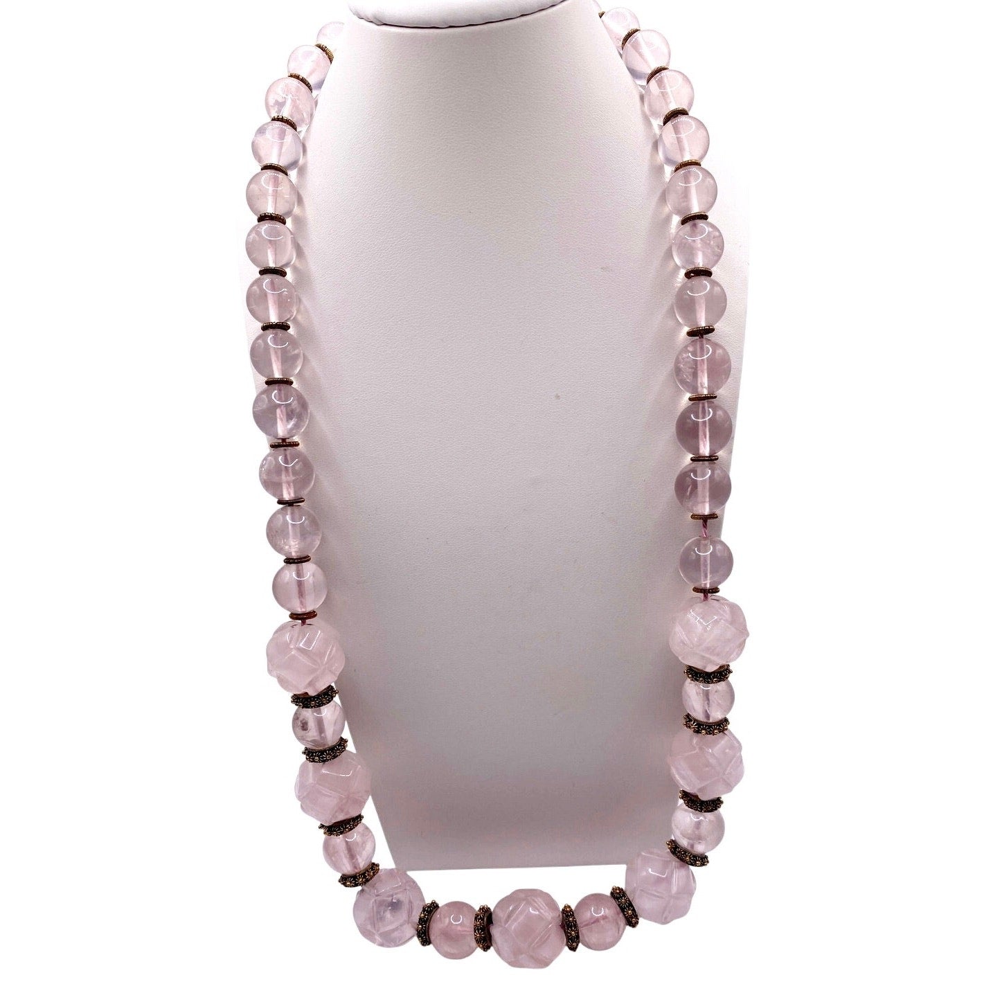 Shou Signed Carved Rose Quartz Vintage Chinese Necklace Vermeil Clasp