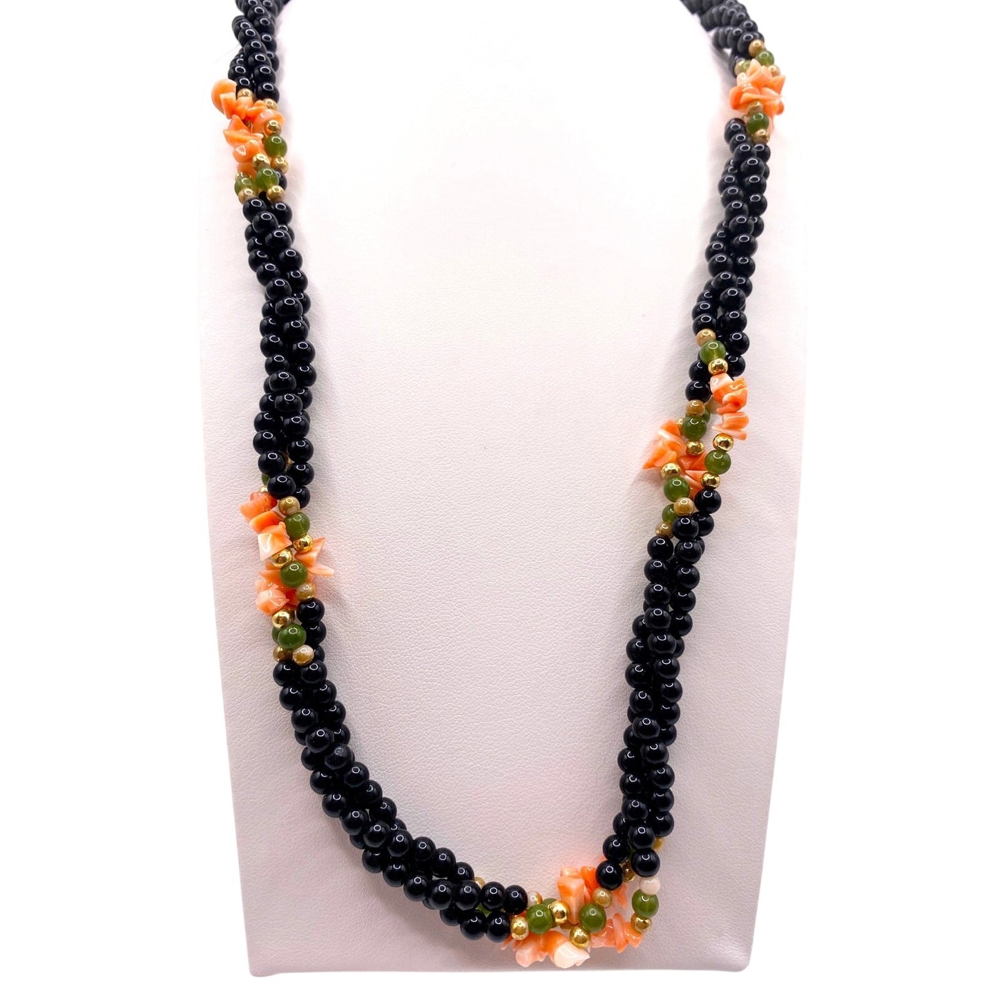 Vtg Three Strands Necklace with Onyx And coral Beads