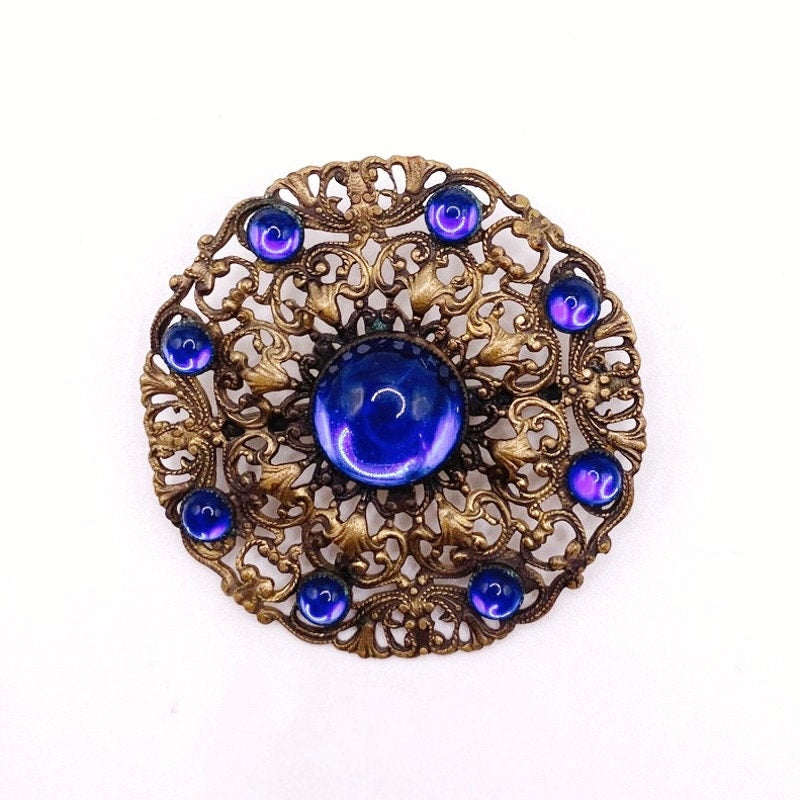 Blue Czech Glass Art Nouveau large Brooch