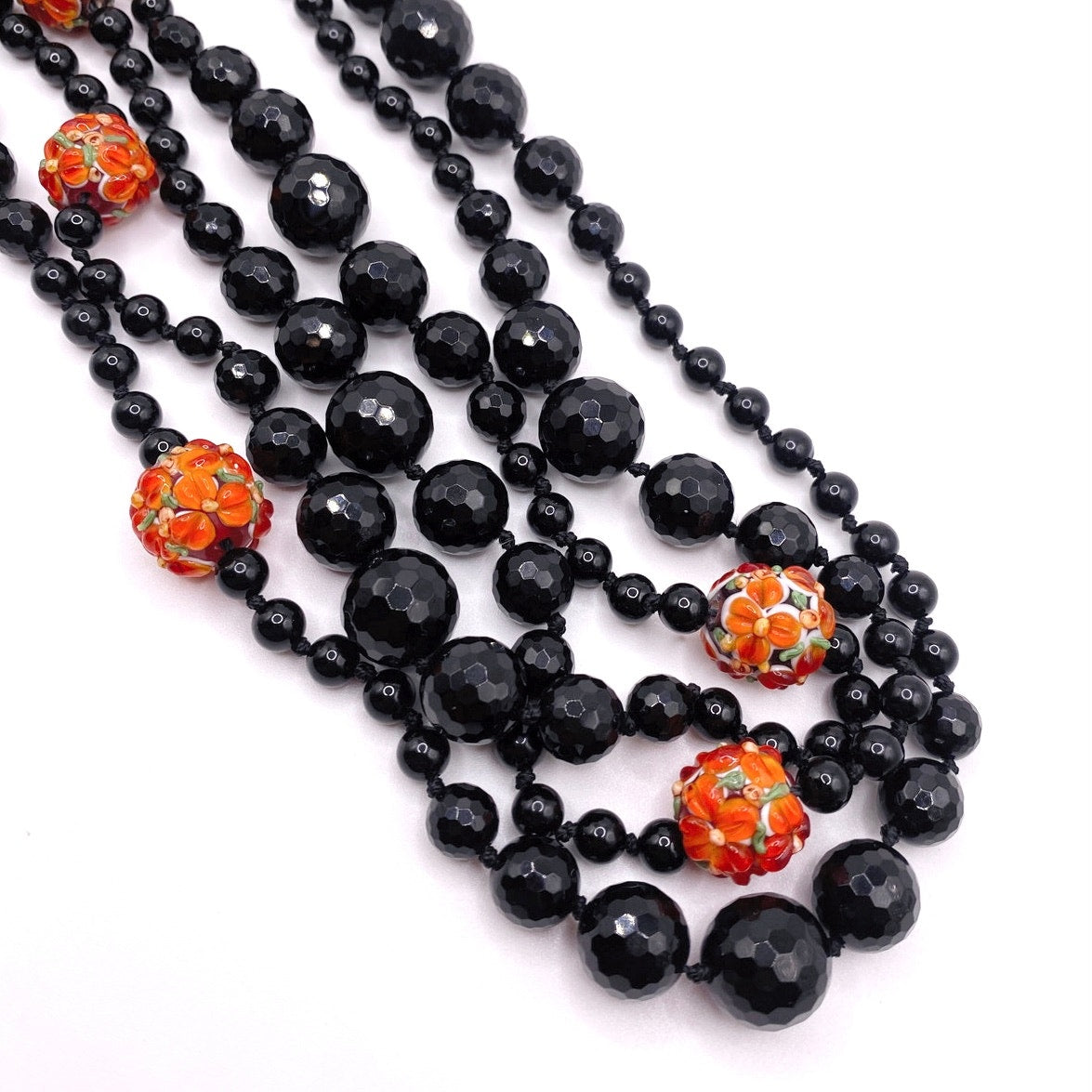 Black Opera Necklace Extra Long 66” Knotted Onyx and Murano Glass Millefiori Orange Beads