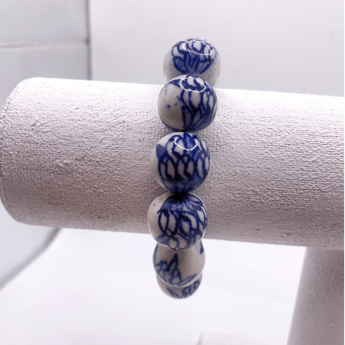 Vintage Chinese Hand-painted Ceramic Beads Stretchy Bracelet 6-7”