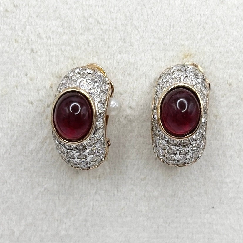 Les Bernard Vintage Clip On Earrings Red Glass Cabochon and Rhinestones 1”