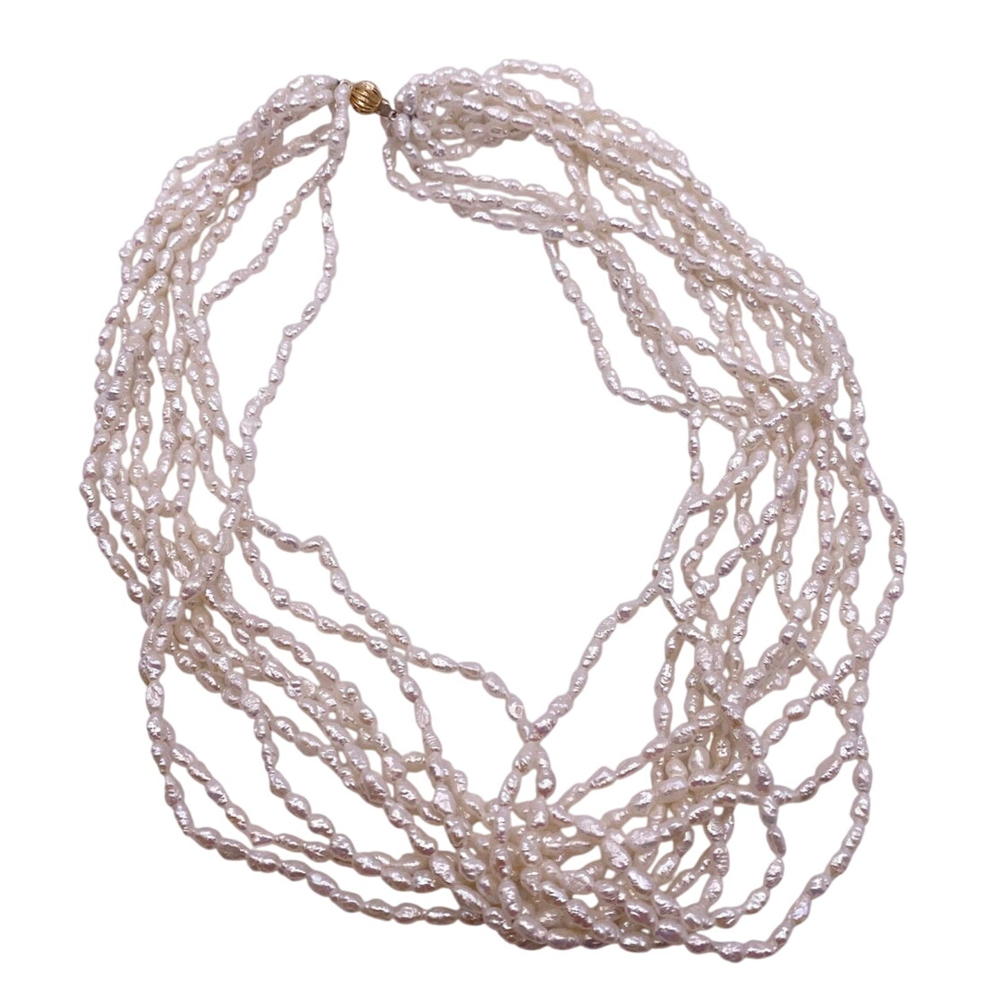 PJS Signed and 14K Closure Vintage Rice Mother of Pearl Multilayered Necklace 16”