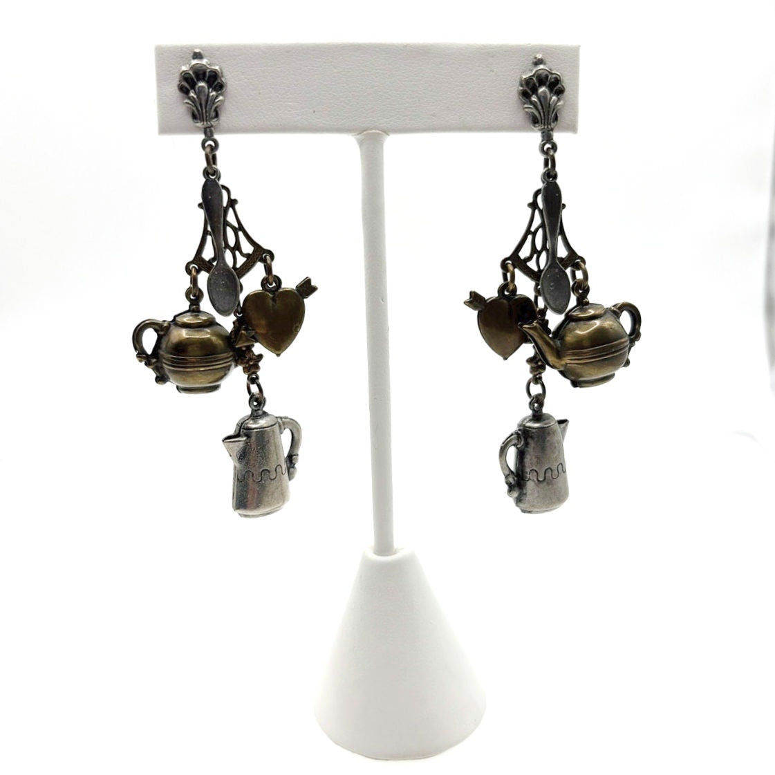 Vintage Brass Tea Party Charms Dangling Earrings 2”