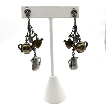 Vintage Brass Tea Party Charms Dangling Earrings 2”