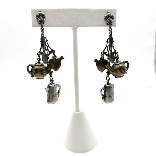 Brass Tea Party Charms with Dangling Earrings 2”, Good Vintage Condition