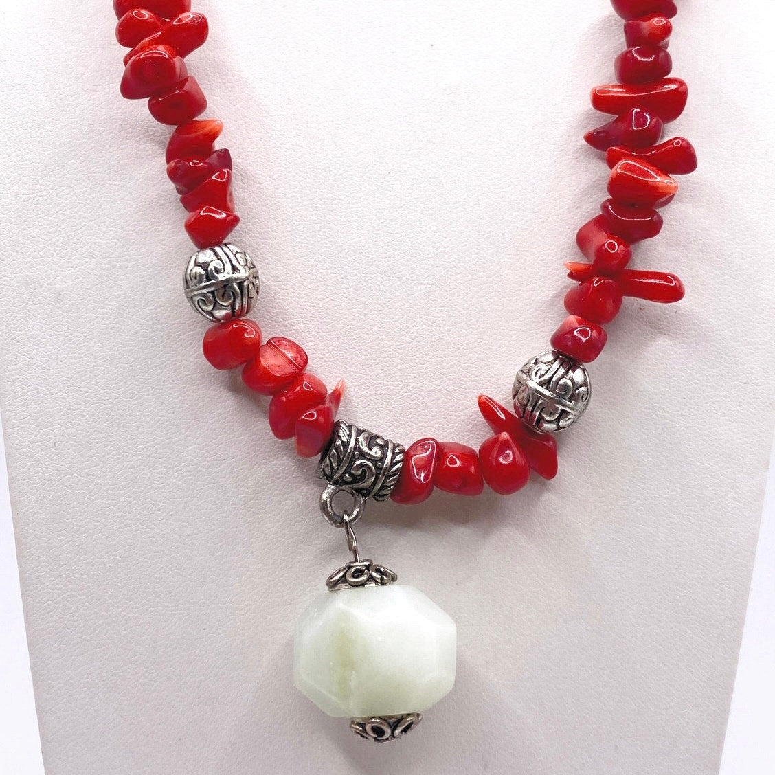Red Coral Beaded Necklace with Green Lace Jade Pendant 16” Long