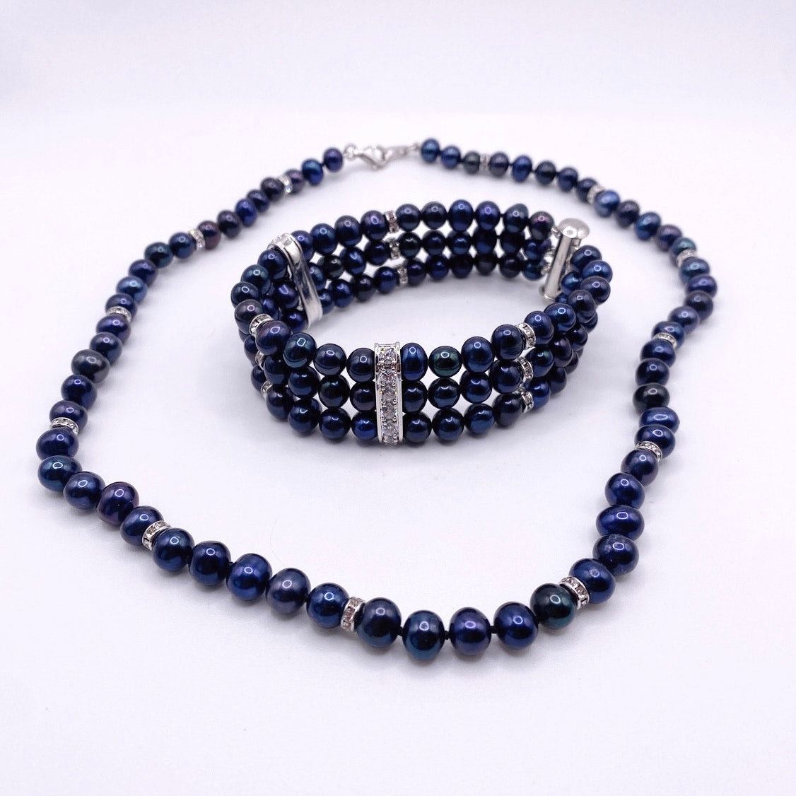 Danbury Mint Midnight Spell Cultured Pearls 925 Silver Set Bracelet and Necklace