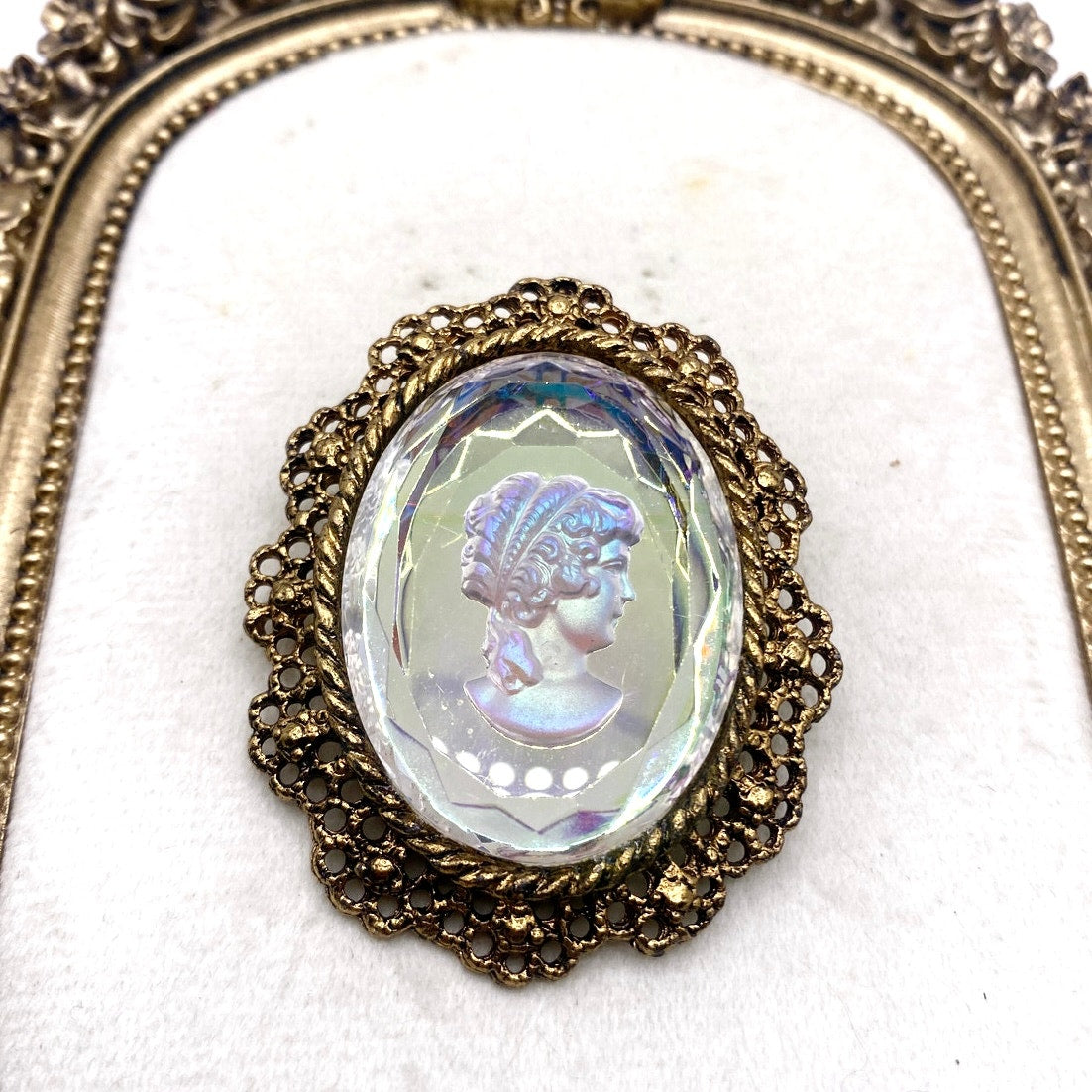 Vintage Brooch and Pendant Intaglio Glass Cameo Gold Tone Filigree Chrome 2”
